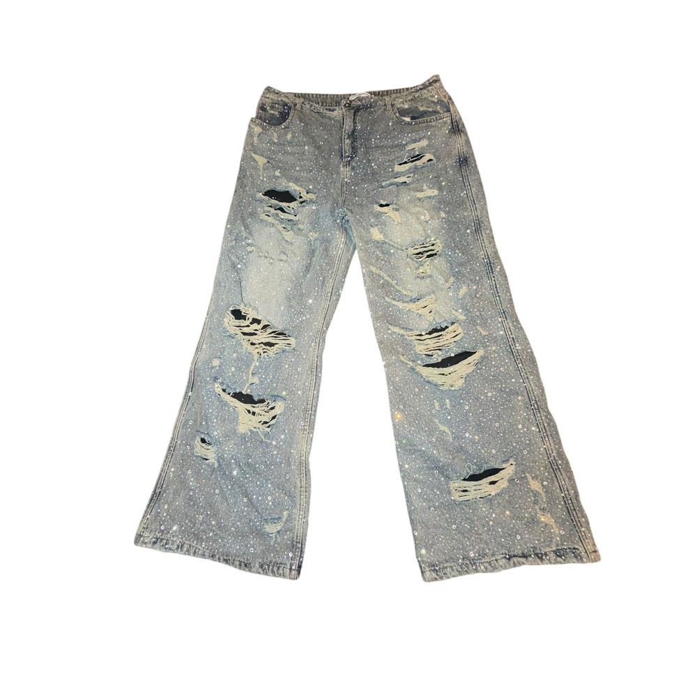 Vale Forever Crystal Distressed Denim Jeans Light Wash Rhinestone 34 Wide Leg
